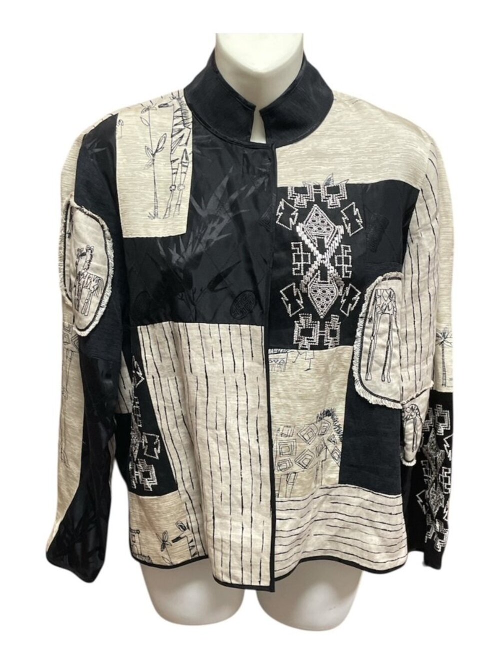 Chicos Womens Patchwork Jacket Size 0 Black & Beige Linen/Silk Animal Print